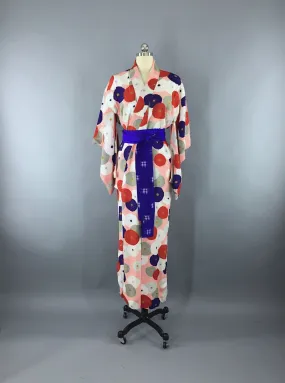 1930s Vintage Silk Kimono Robe / Pink & Blue Zinnia Floral