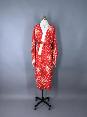 1930s Vintage Silk Kimono Robe / Red Daisy Floral Print