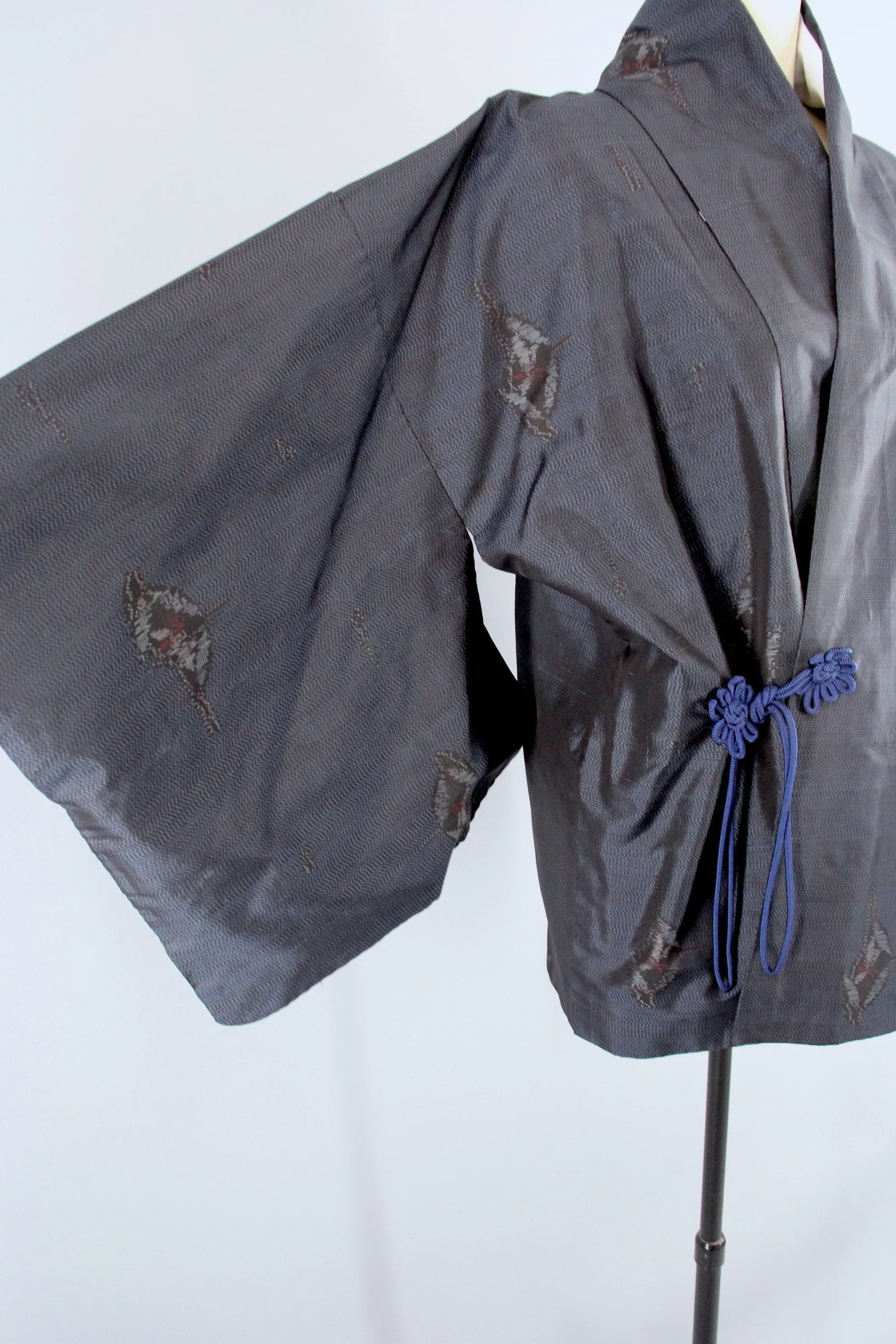 1970s Vintage Kimono Jacket Wrap Coat Douchugi / Blue & Black Print