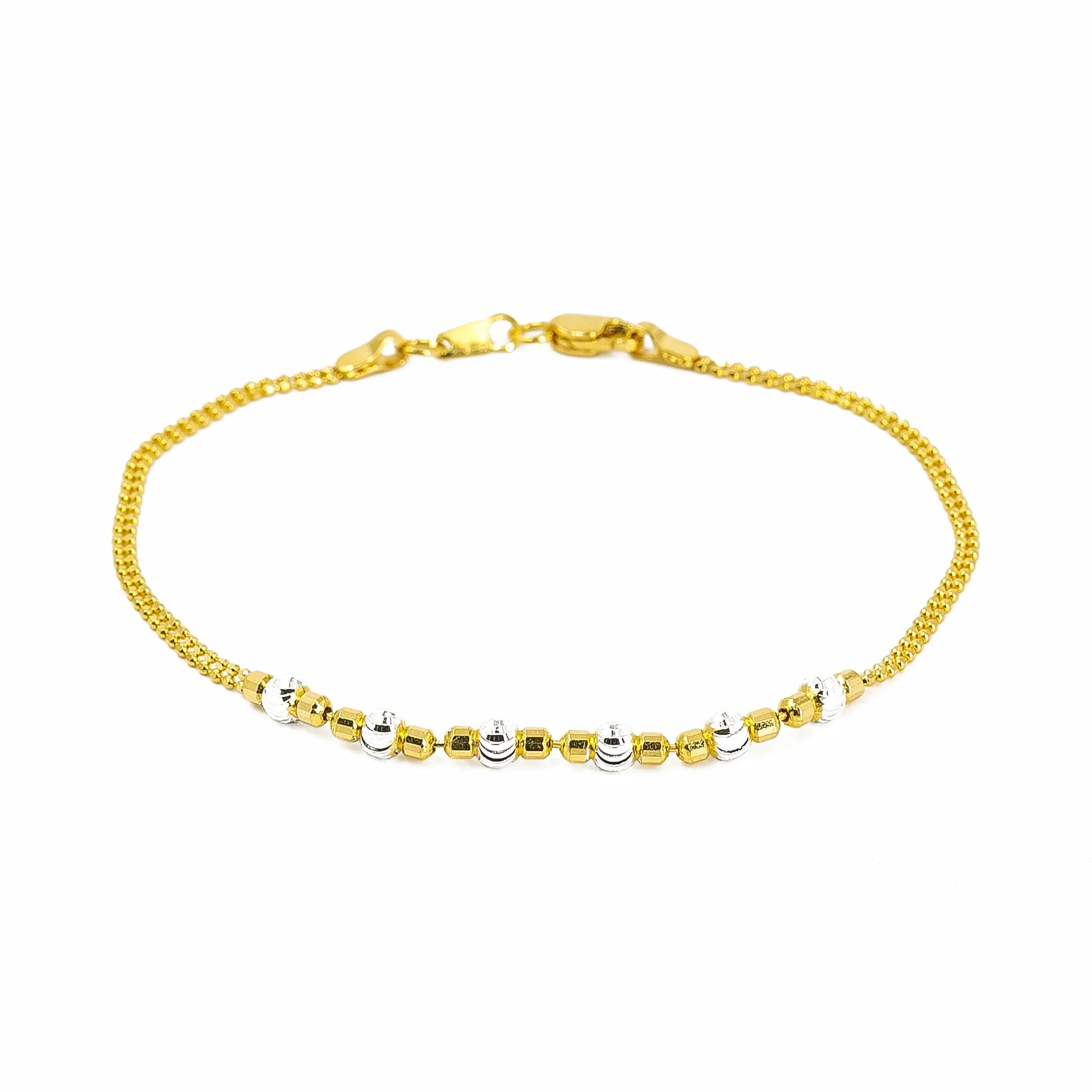 22K Multi Tone Gold Bracelet W/ 7 Inch Double Bead Chain & Smooth Texture Ball Accents