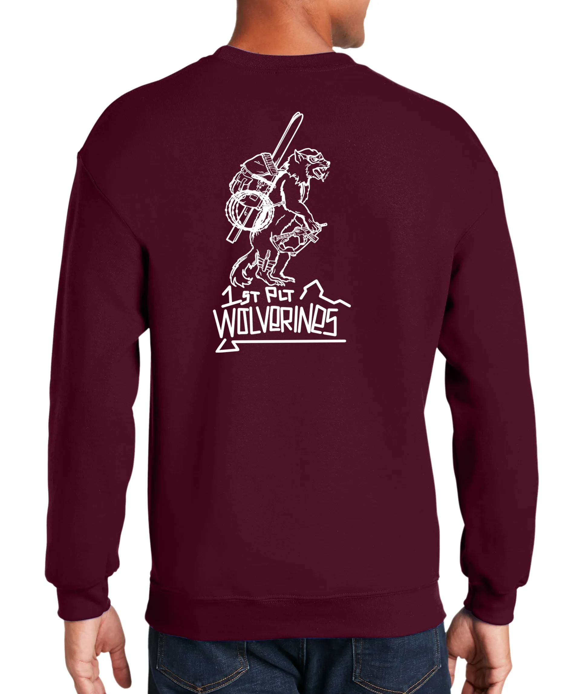 50-50 Blend Maroon Crewneck Unisex Sweatshirt (White Design). This shirt IS approved for PT.