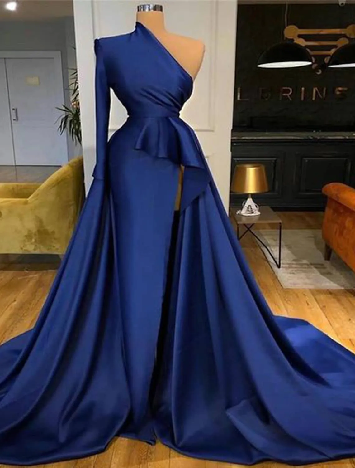 A-Line Peplum Sexy Wedding Guest Formal Evening Dress One Shoulder Long Sleeve Court Train Satin with Ruffles Slit