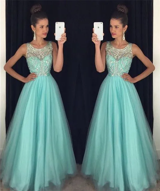 a line prom dresses 2020 beaded o neck sleeveless blue elegant prom gown 2021 robe de soiree