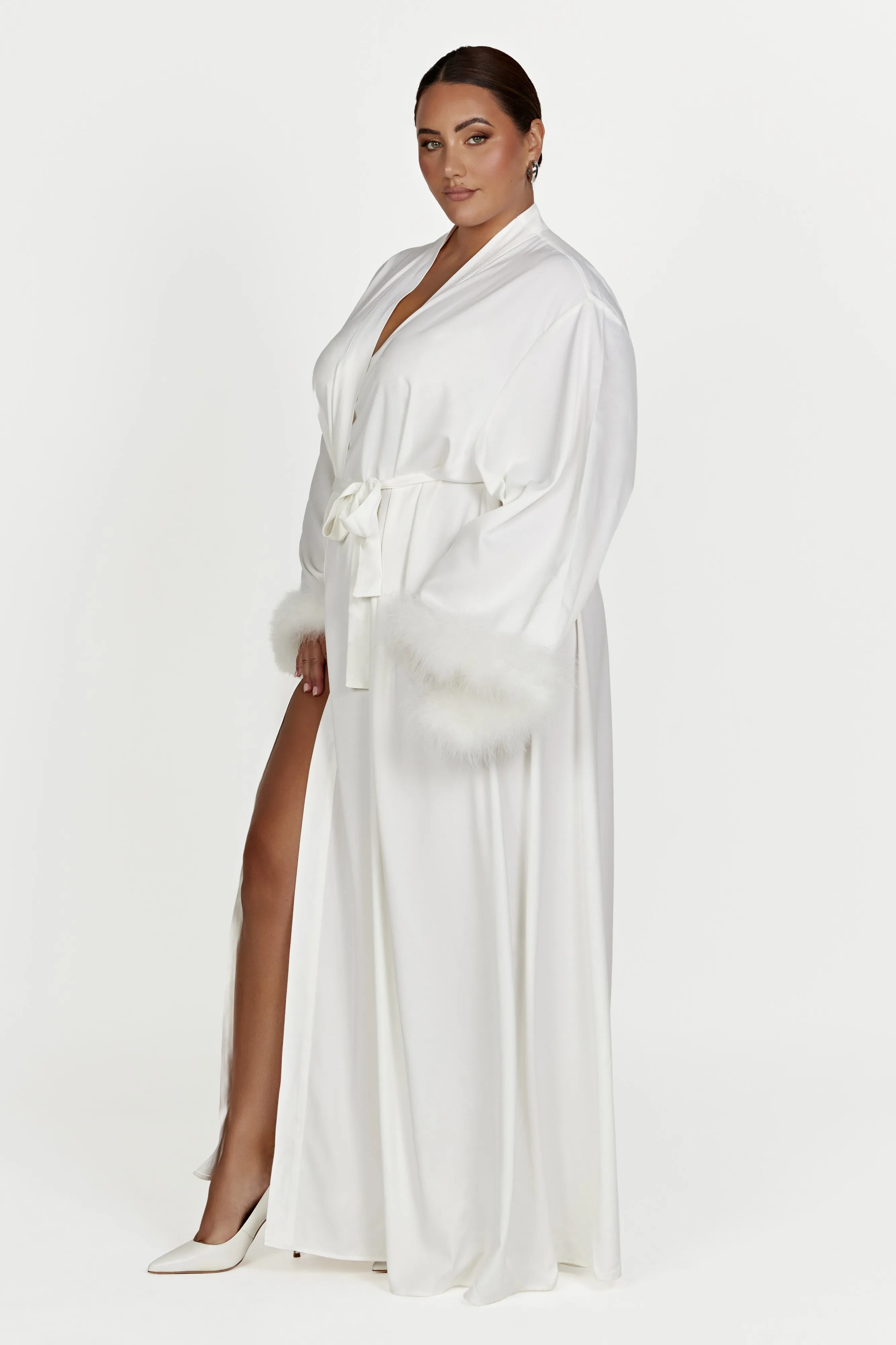 Amalia Satin Feather Trim Robe - White