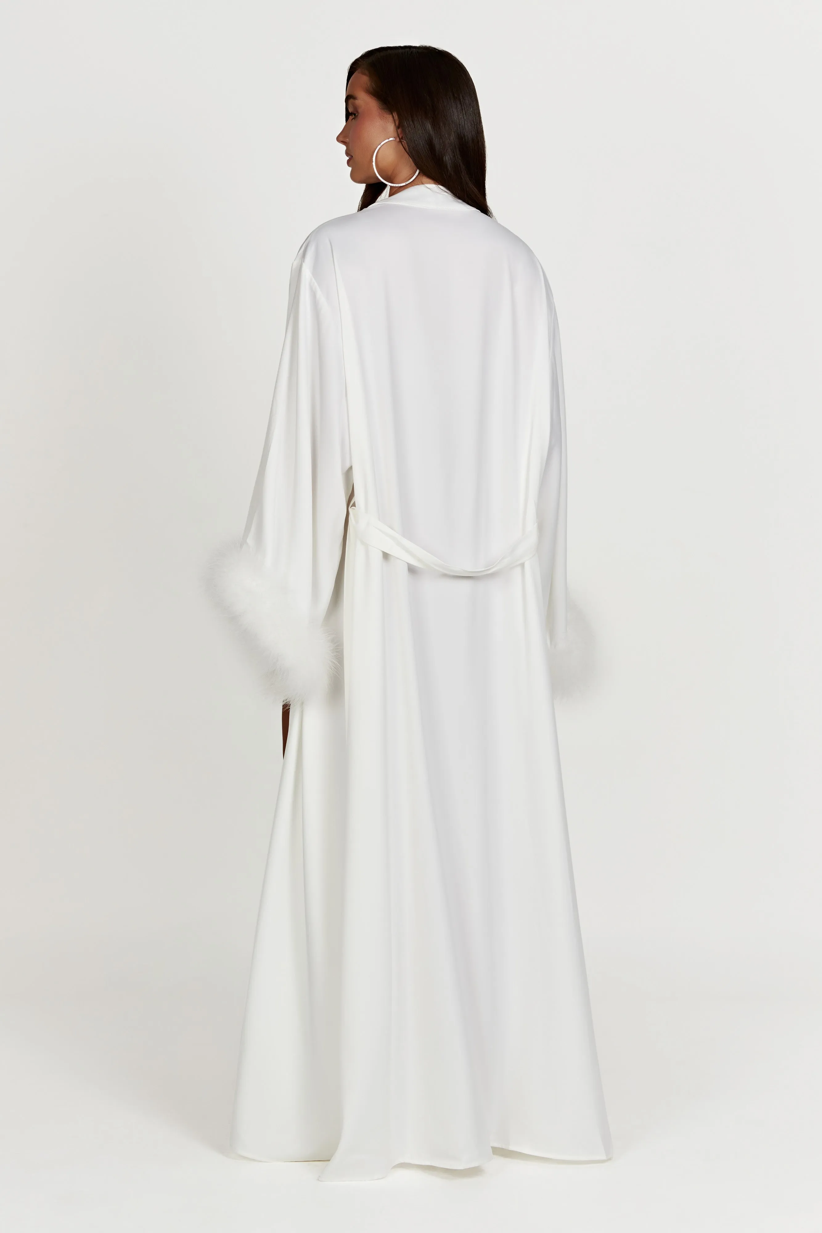 Amalia Satin Feather Trim Robe - White