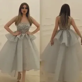 arabic prom dresses ball gown beaded silver gray elegant sleeveless prom gowns vestido de graduacion