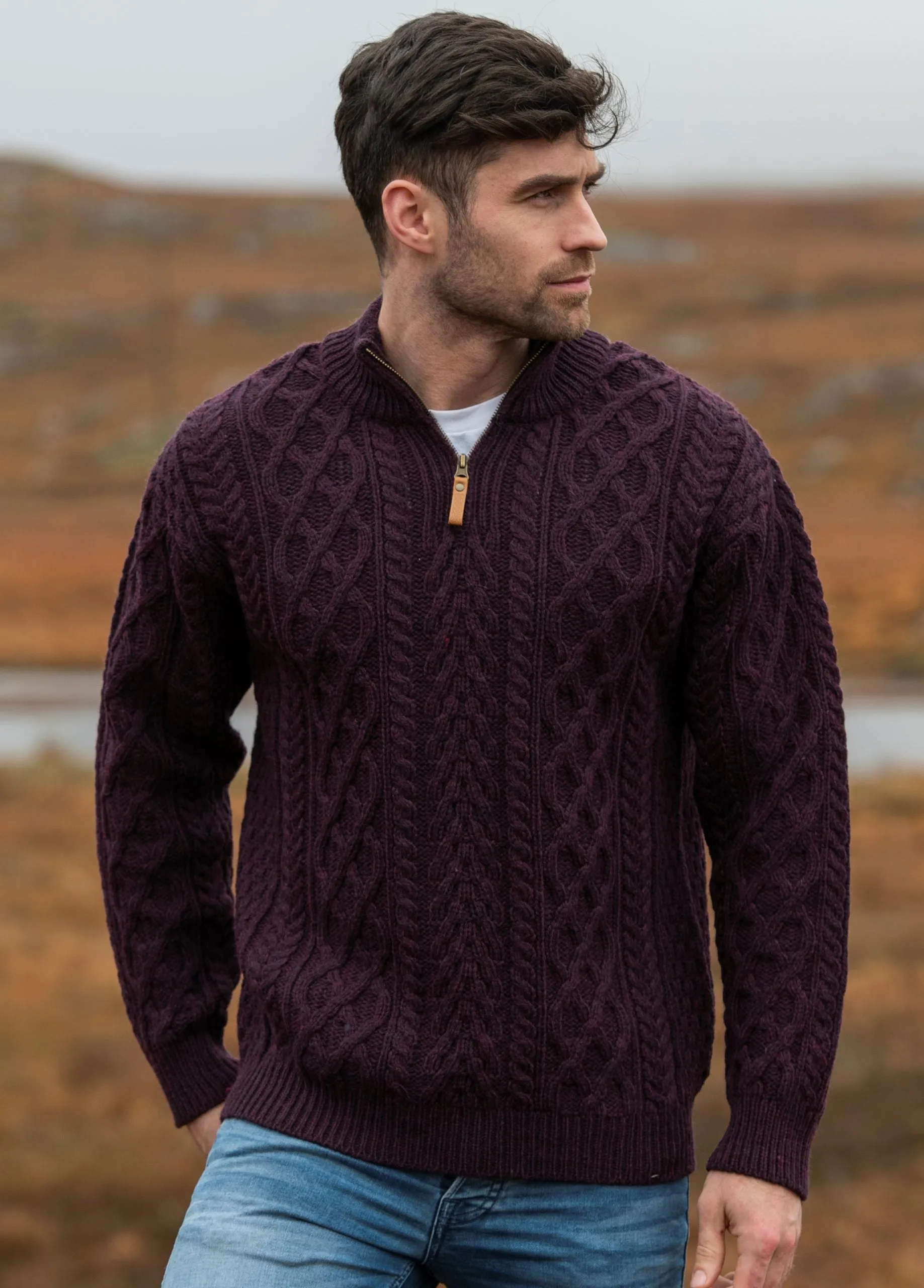 Aran Crafts Men's Half Zip Sweater | Damson