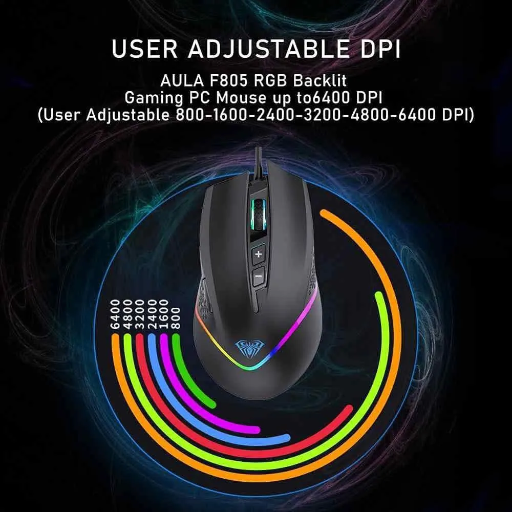 Aula Wind F805 Wired Rainbow Gaming Mouse 6400Dpi - Black