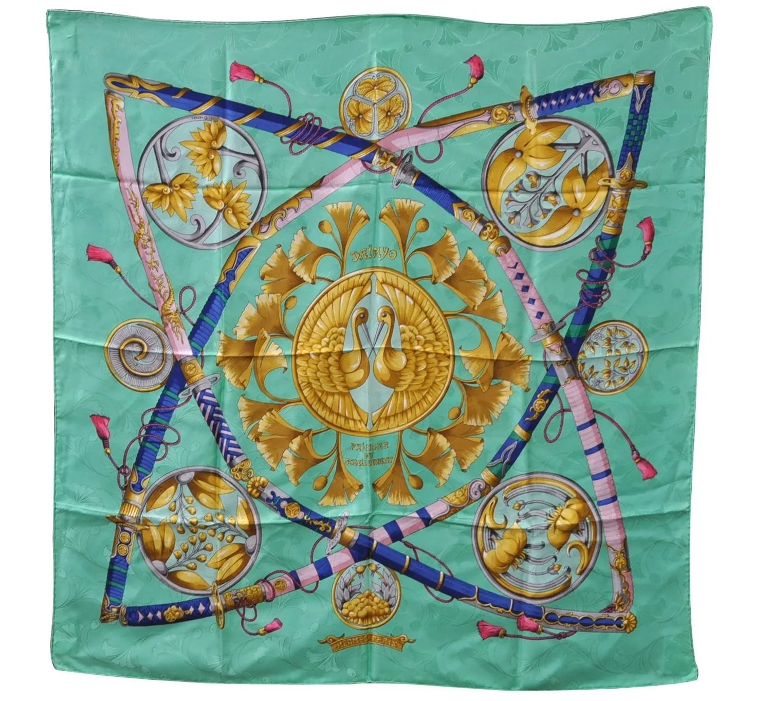 Auth HERMES Carre 90 Scarf "DAIMYO PRINCES DU SOLEIL LEVANT" Silk Green 5022C