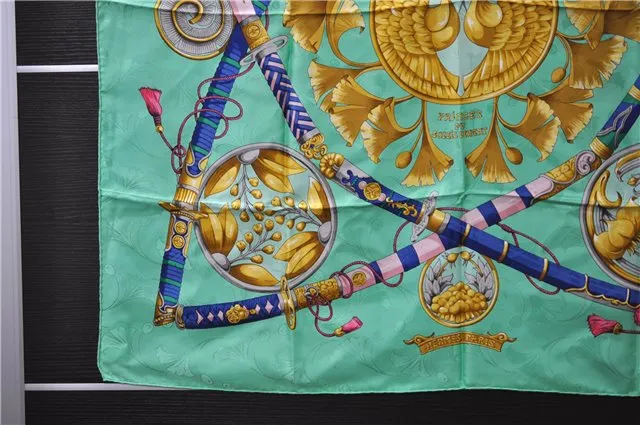 Auth HERMES Carre 90 Scarf "DAIMYO PRINCES DU SOLEIL LEVANT" Silk Green 5022C