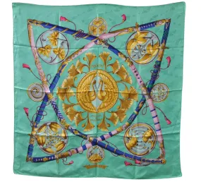 Auth HERMES Carre 90 Scarf "DAIMYO PRINCES DU SOLEIL LEVANT" Silk Green 5022C