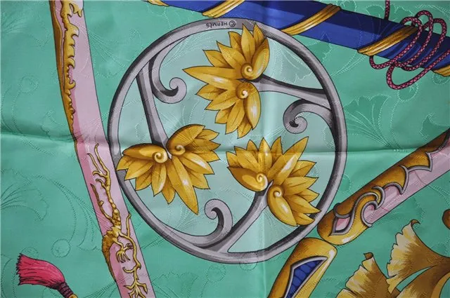 Auth HERMES Carre 90 Scarf "DAIMYO PRINCES DU SOLEIL LEVANT" Silk Green 5022C