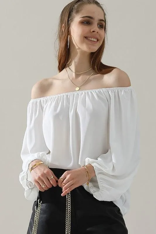 BALLON SLEEVE OFF SHOULDER CHIFFON BLOUSE