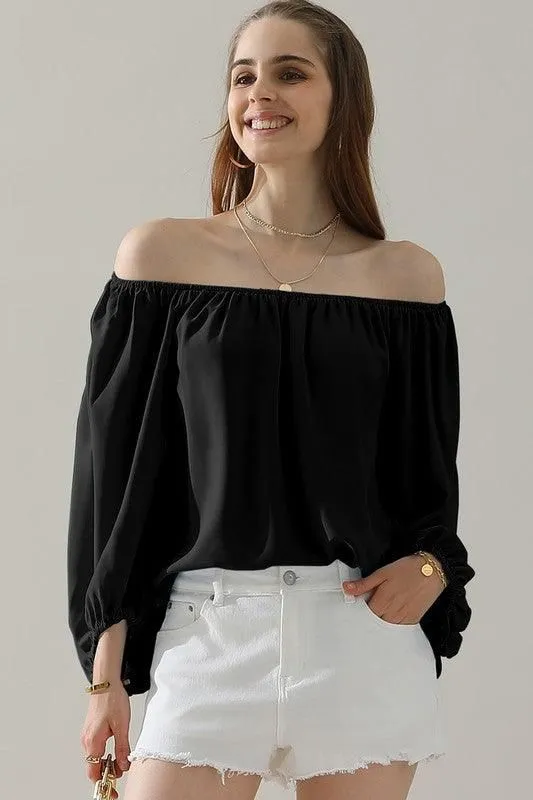 BALLON SLEEVE OFF SHOULDER CHIFFON BLOUSE