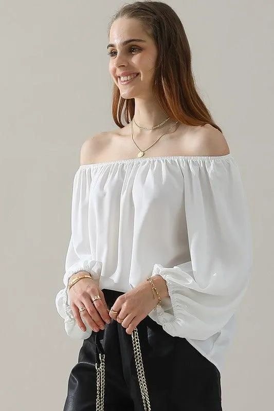 BALLON SLEEVE OFF SHOULDER CHIFFON BLOUSE