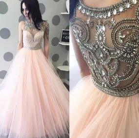 beaded prom dresses long blush pink crystals o neck sleeveless tulle elegant cheap prom gown vestido de longo 2021