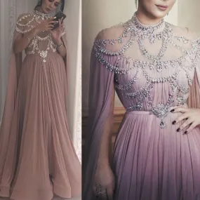 beaded prom dresses long dusty pink crystals high neck chiffon elegant muslim caftan prom gowns