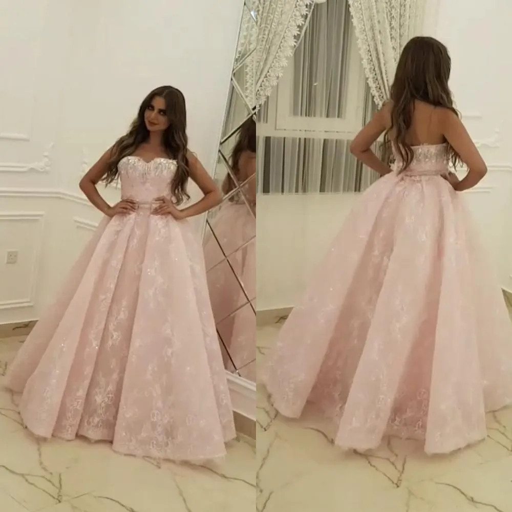 beaded prom dresses long lace appliqué sweetheart neck elegant pink prom gown vestido de Longo