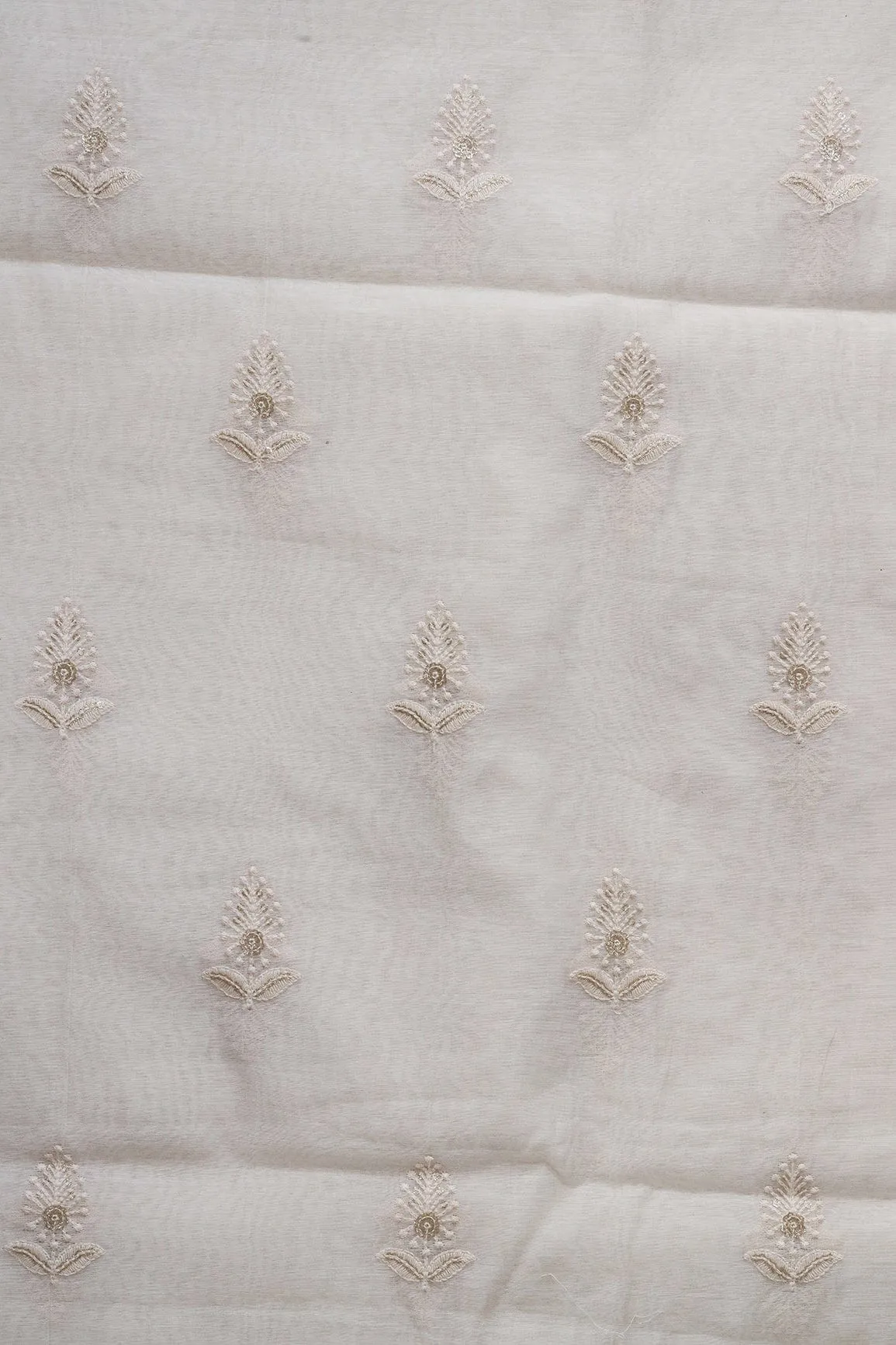 Beautiful Gold Sequins With Leafy Embroidery On Cream Pure Chanderi Silk Fabric