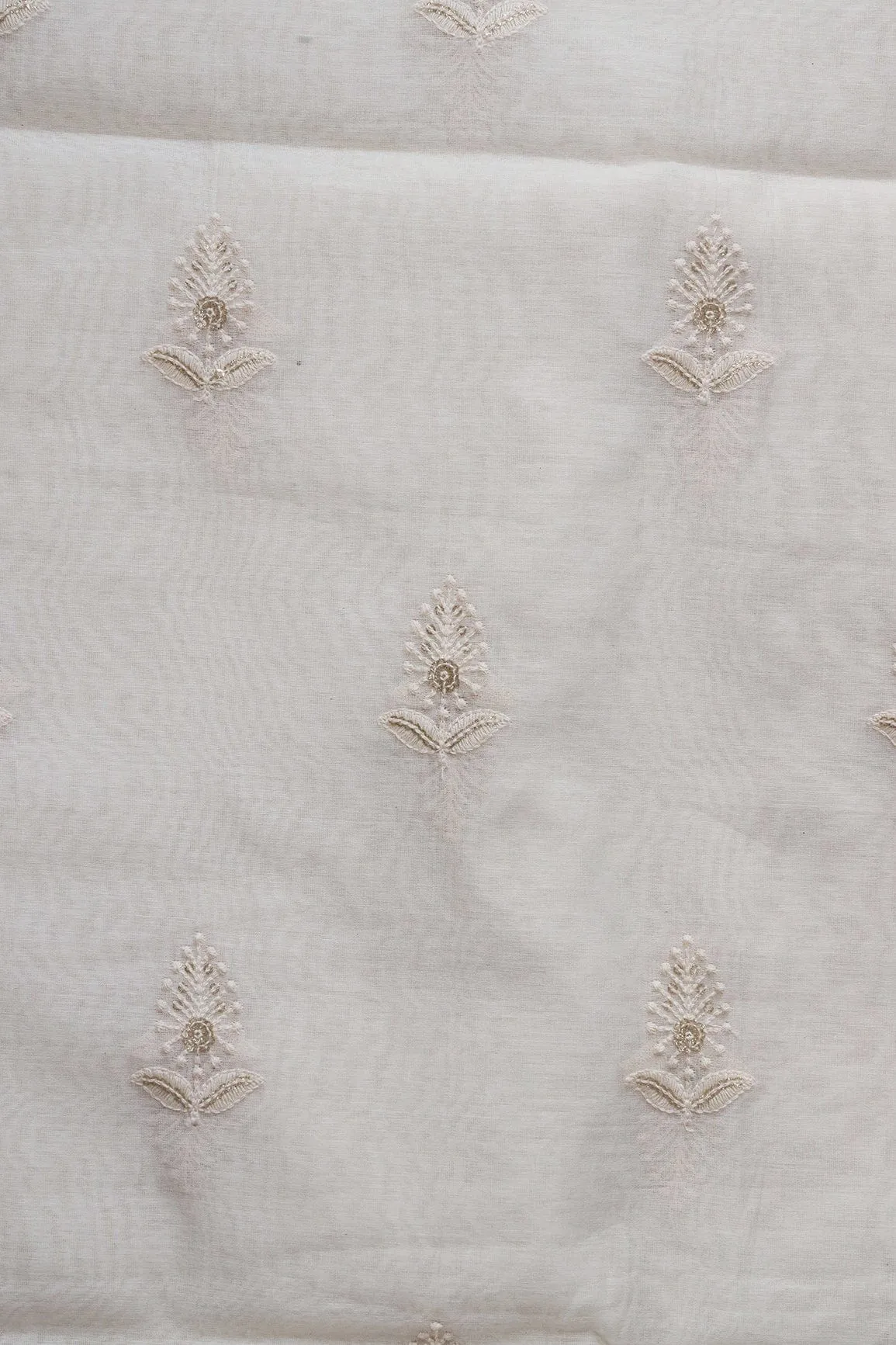 Beautiful Gold Sequins With Leafy Embroidery On Cream Pure Chanderi Silk Fabric