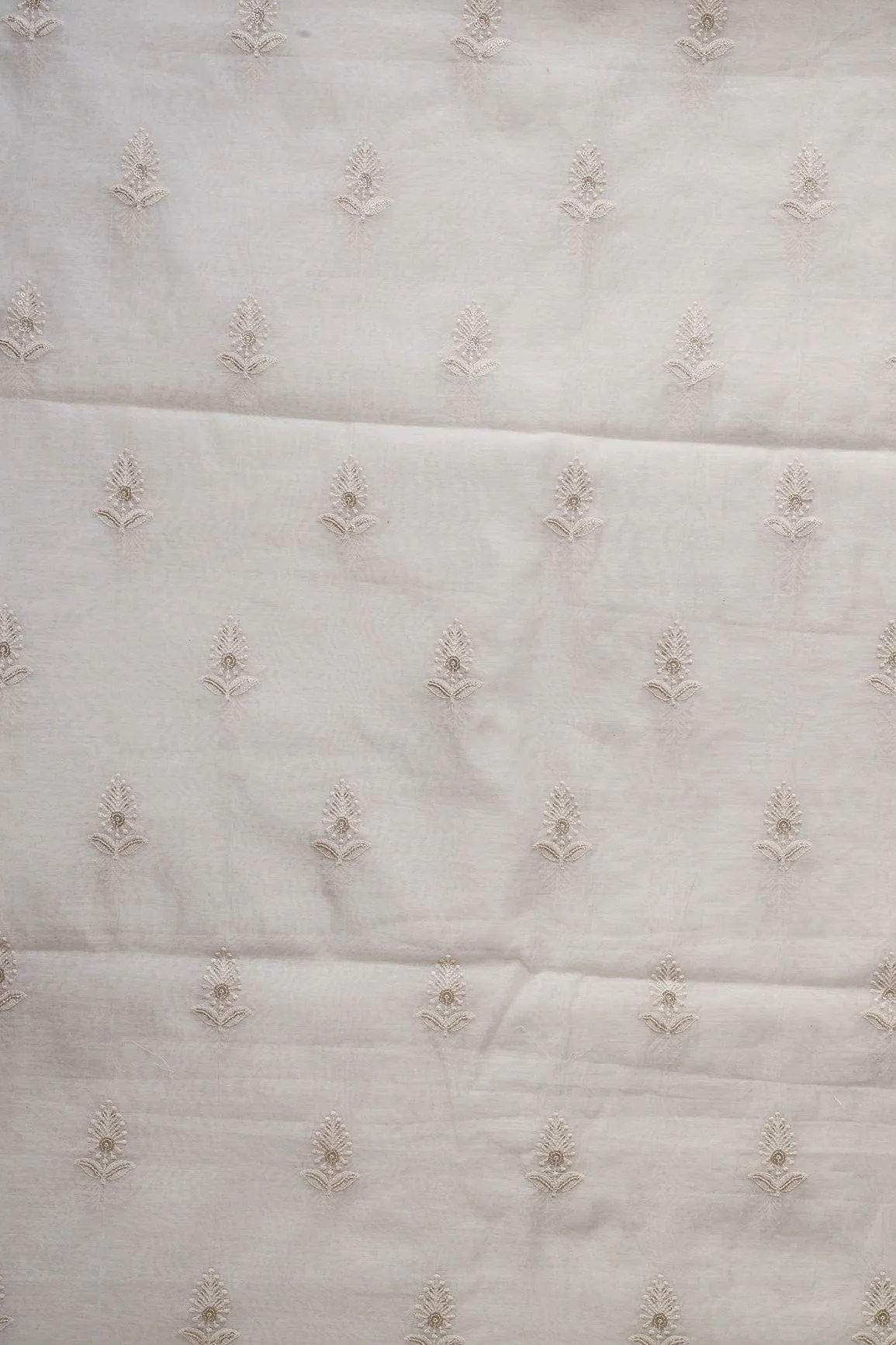 Beautiful Gold Sequins With Leafy Embroidery On Cream Pure Chanderi Silk Fabric