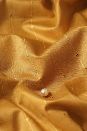 Beautiful Mustard Thread With Gold Sequins Stripes Embroidery On Mustard Viscose Chanderi Silk Fabric