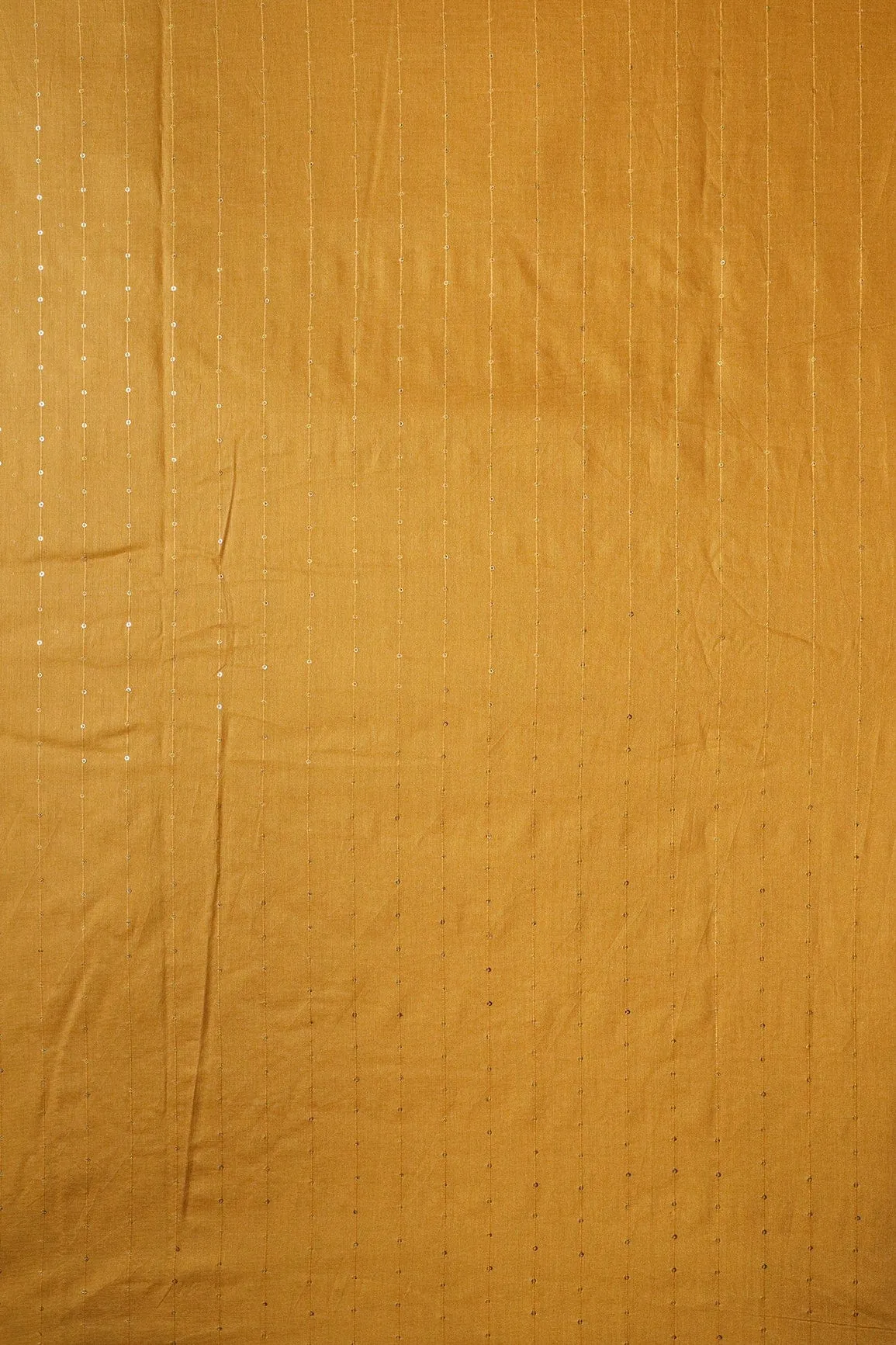 Beautiful Mustard Thread With Gold Sequins Stripes Embroidery On Mustard Viscose Chanderi Silk Fabric