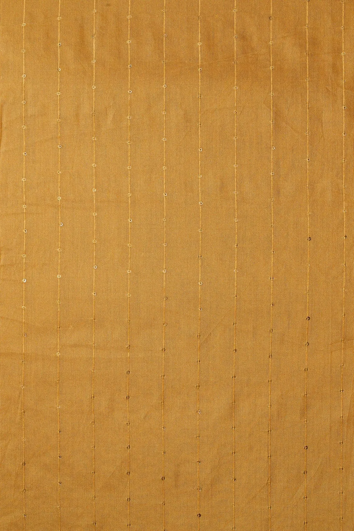 Beautiful Mustard Thread With Gold Sequins Stripes Embroidery On Mustard Viscose Chanderi Silk Fabric