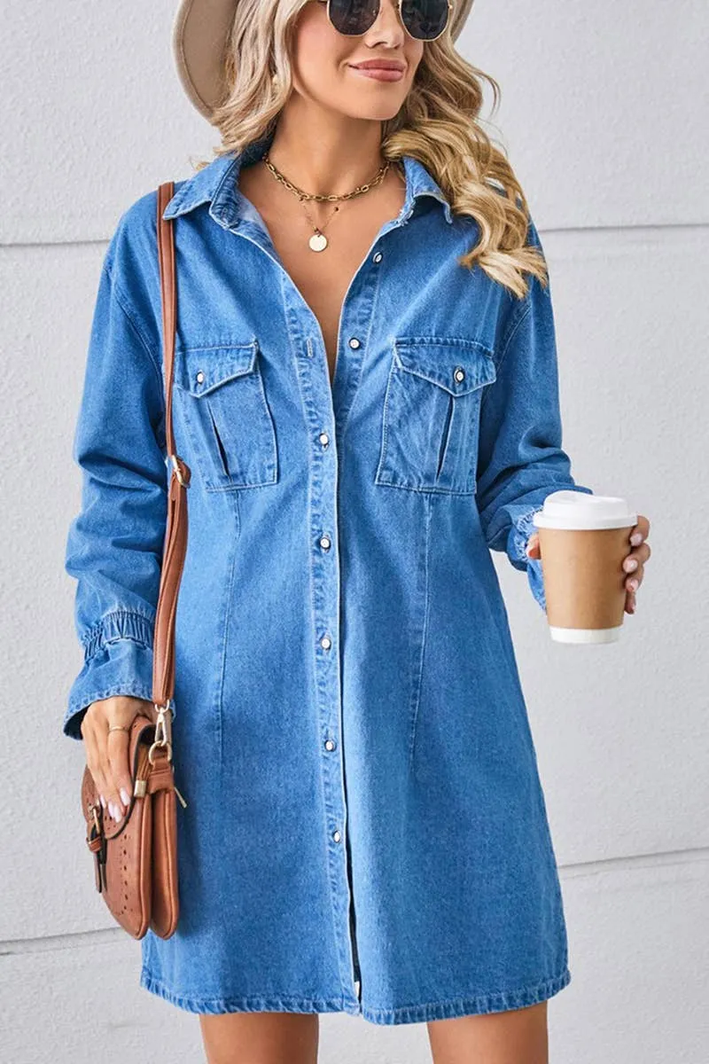 BELL SLEEVE LOOSE CARDIGAN DENIM SHIRT DRESS_CWDSD2576