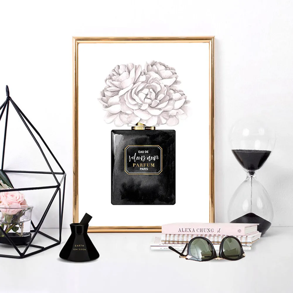 Black & White Floral Perfume Bottle - Art Print