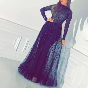 black beaded prom dresses long sleeve high neck a line elegant arabic prom gown vestido de longo