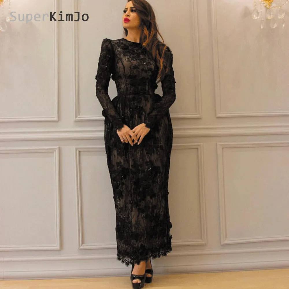 black evening dresses 2020 lace appliqué 3d flowers mermaid modest evening gown formal dress