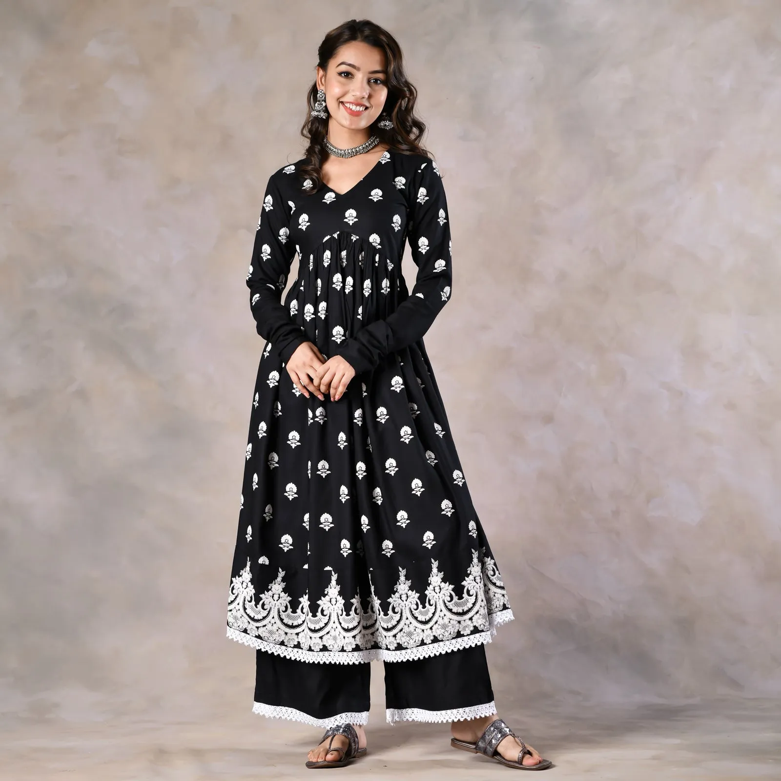 Black Front Gathered Kurta Pant Co-ord Set