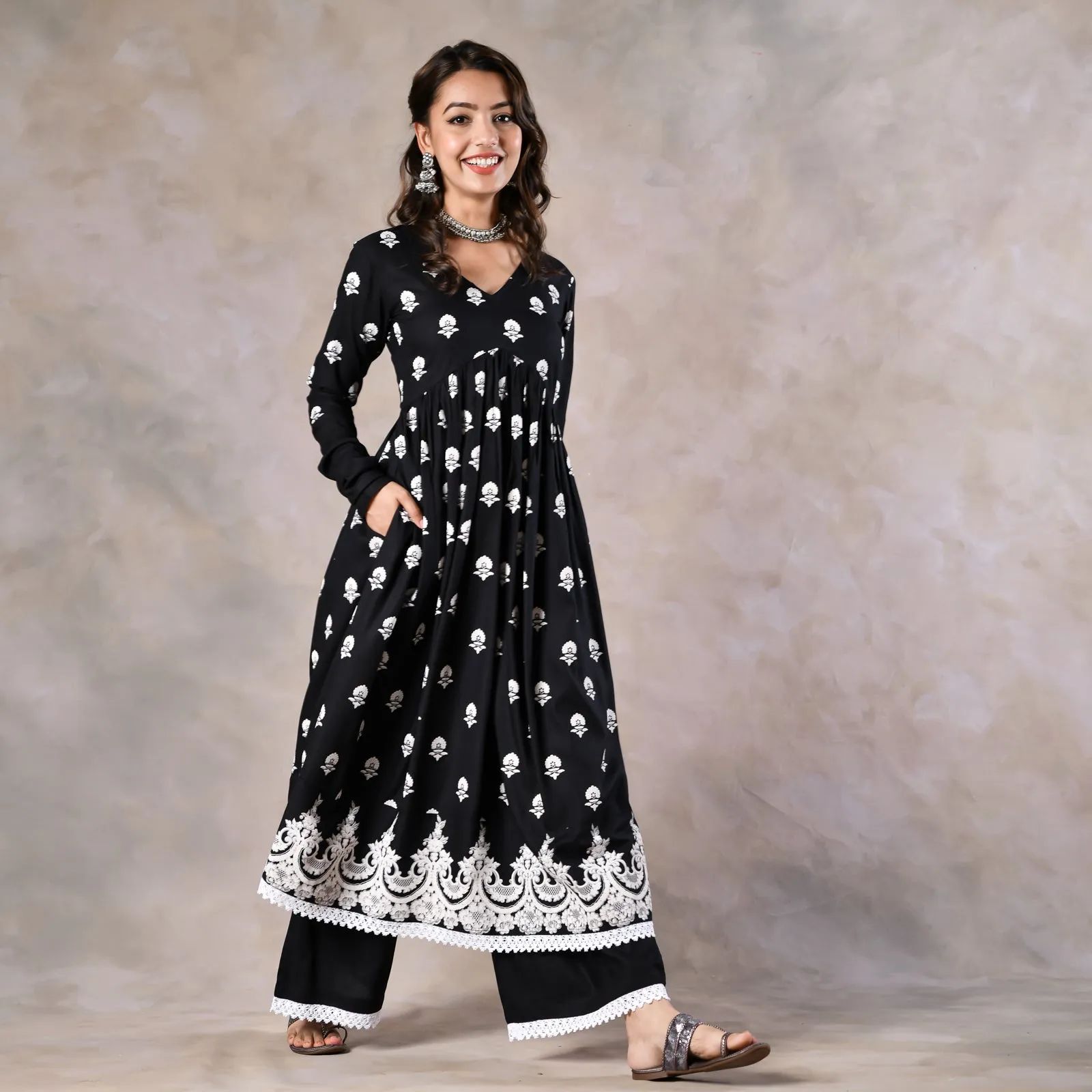 Black Front Gathered Kurta Pant Co-ord Set