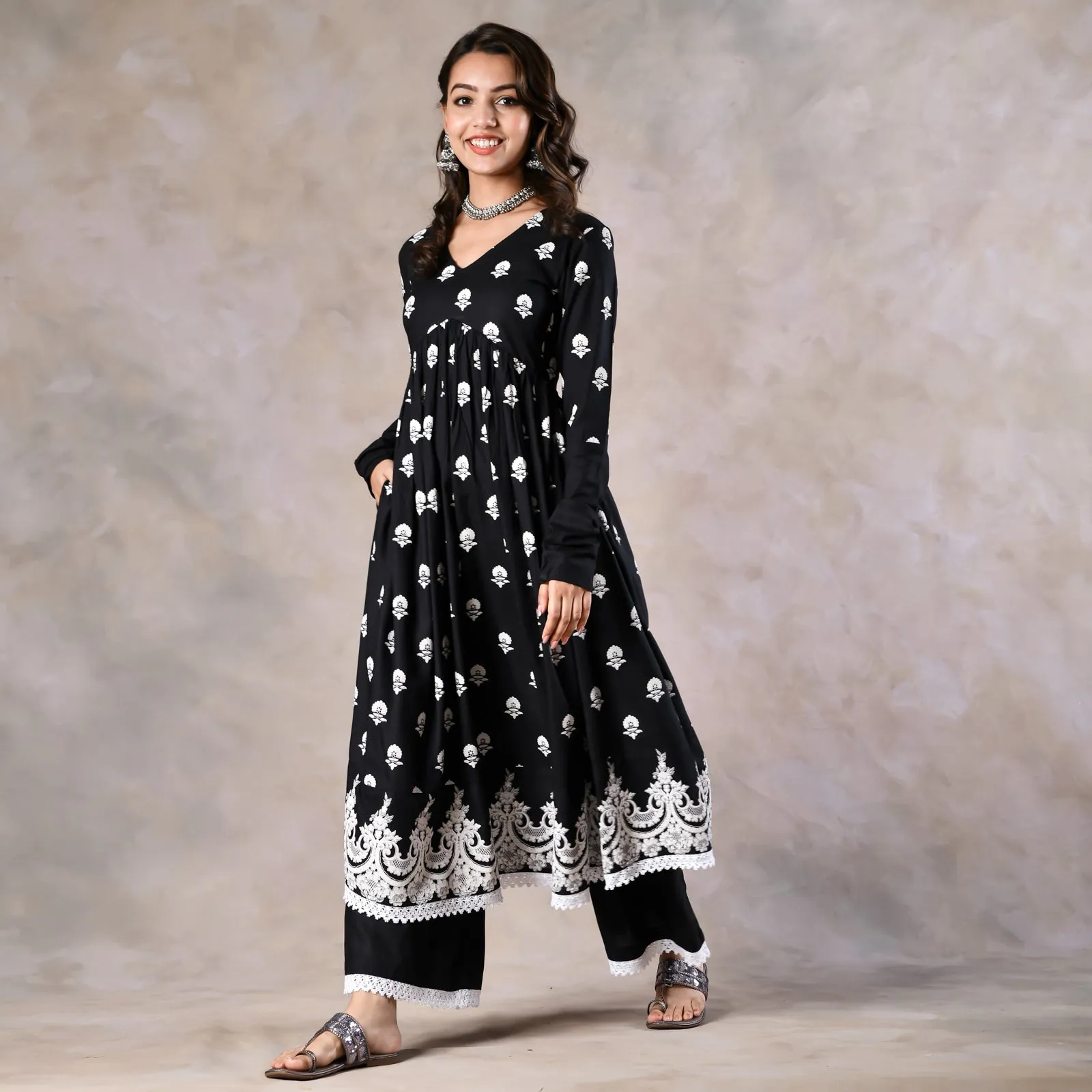 Black Front Gathered Kurta Pant Co-ord Set