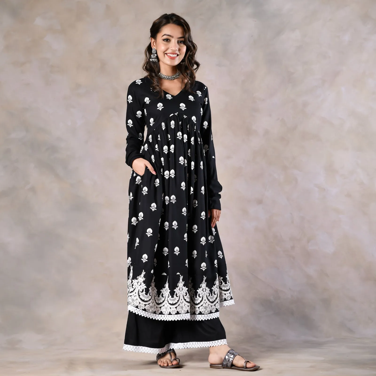 Black Front Gathered Kurta Pant Co-ord Set