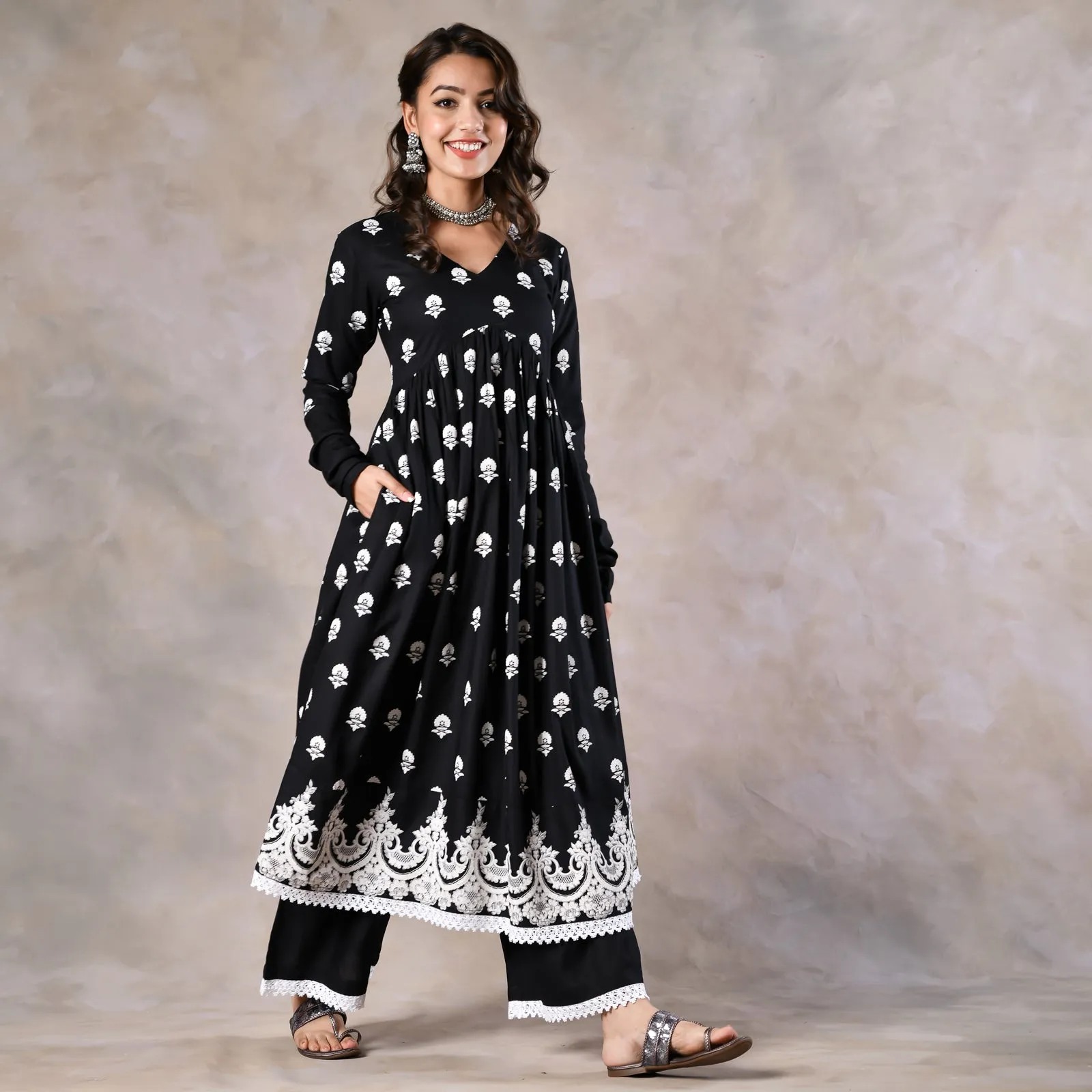 Black Front Gathered Kurta Pant Co-ord Set