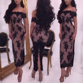 black lace appliqué evening dresses long tea length beaded mermaid elegant off the shoulder evening gown