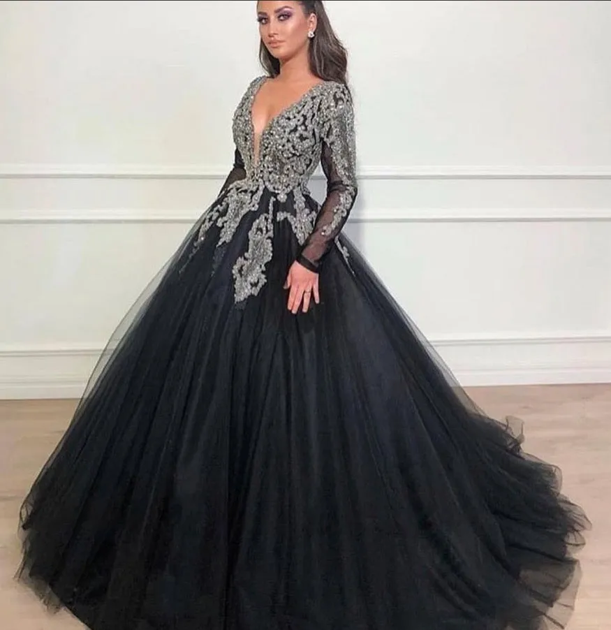 black prom dress ball gown deep v neck long sleeve beaded lace applique luxury prom gown 2021