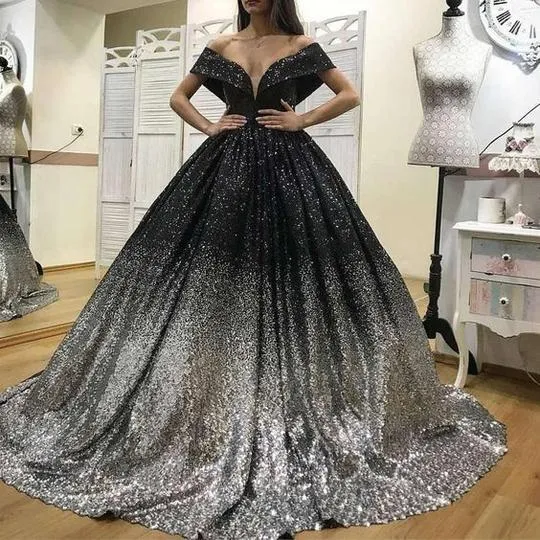 black prom dresses 2020 sparkly v neck off the shoulder gradient elegant prom dresses long