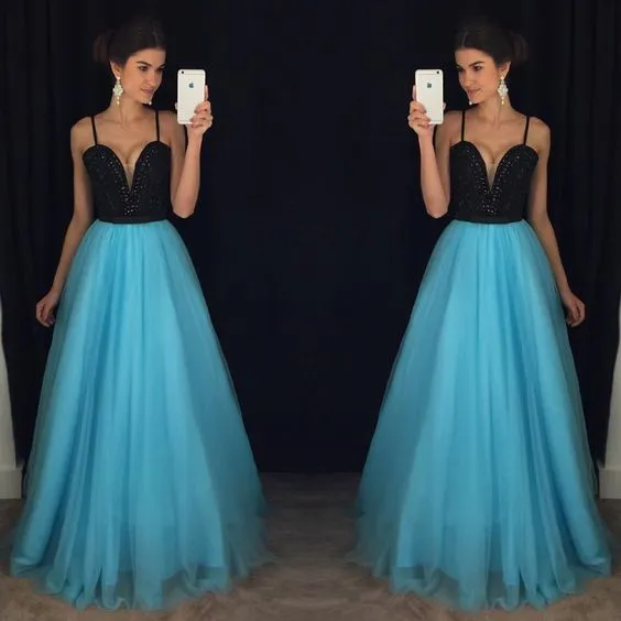 blue prom dresses spaghetti straps elegant beaded a line tulle prom gowns vestido de longo