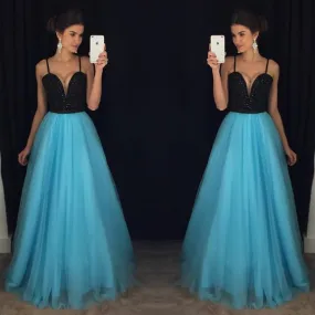 blue prom dresses spaghetti straps elegant beaded a line tulle prom gowns vestido de longo