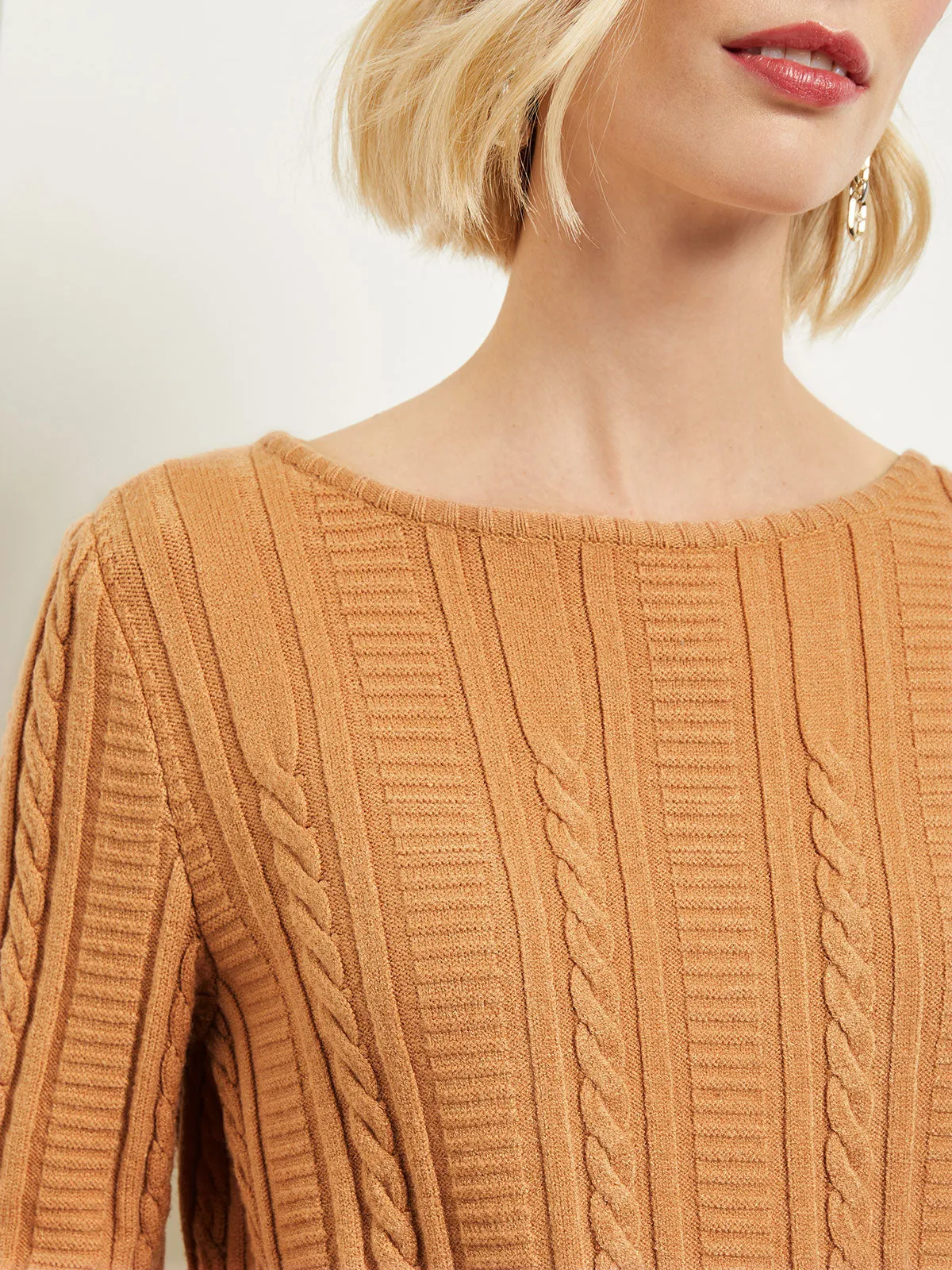 Boat Neck Side Slit Cozy Cable Knit Tunic