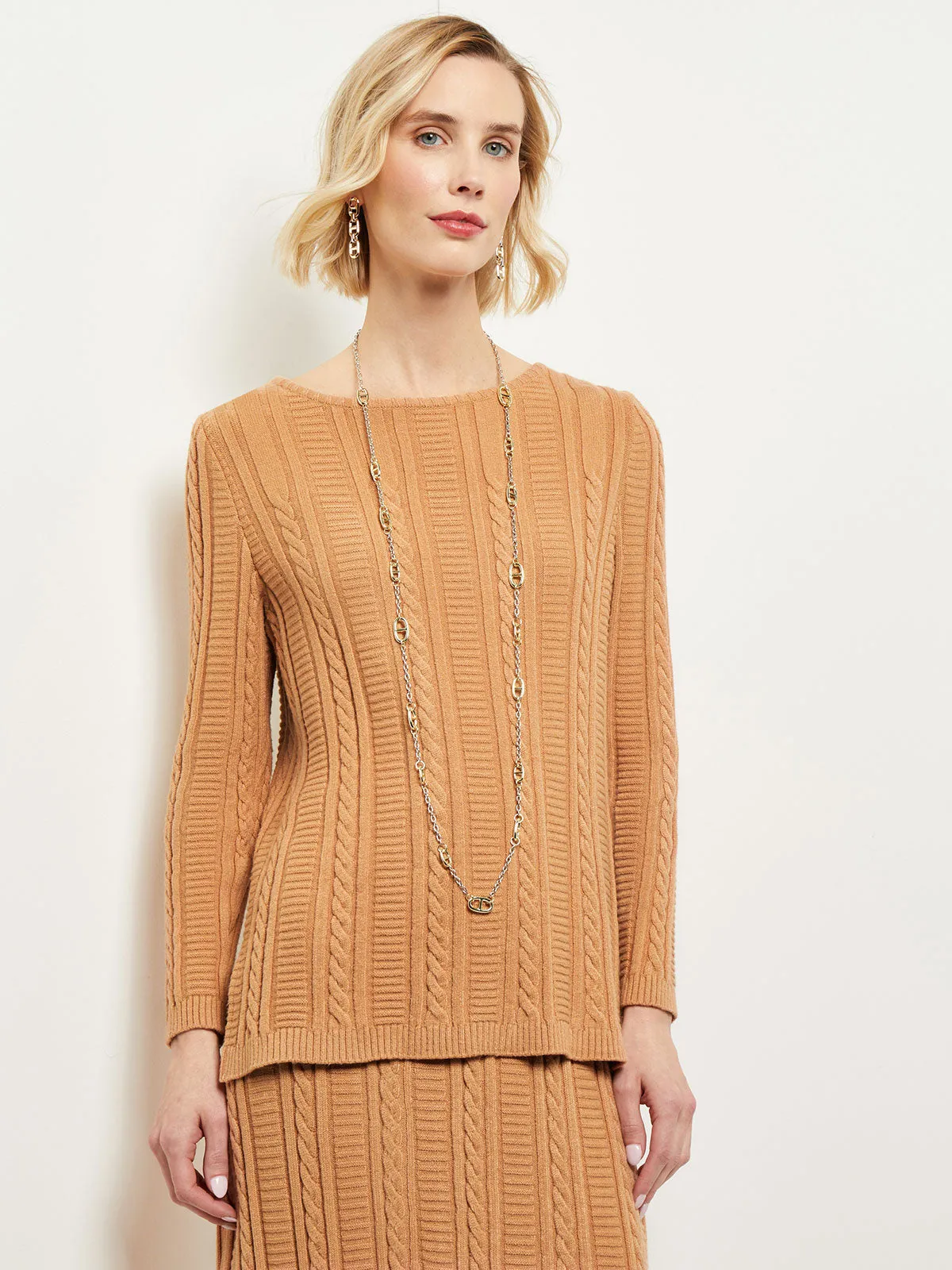 Boat Neck Side Slit Cozy Cable Knit Tunic