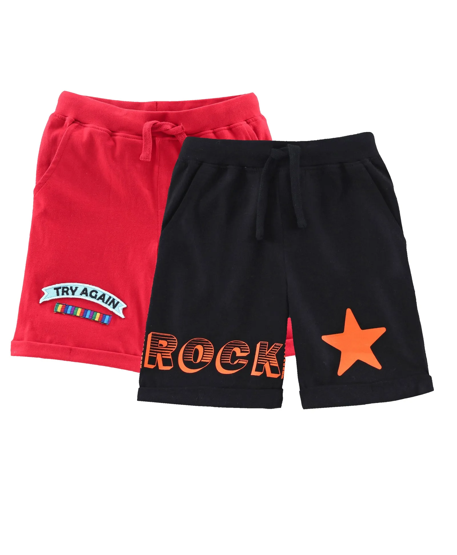 Boys Pull on Shorts with roll up hem & applique - Pack of 2