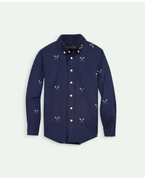 Brooks Brothers Boys Cotton Poplin Lacrosse Print Sport Shirt Navy