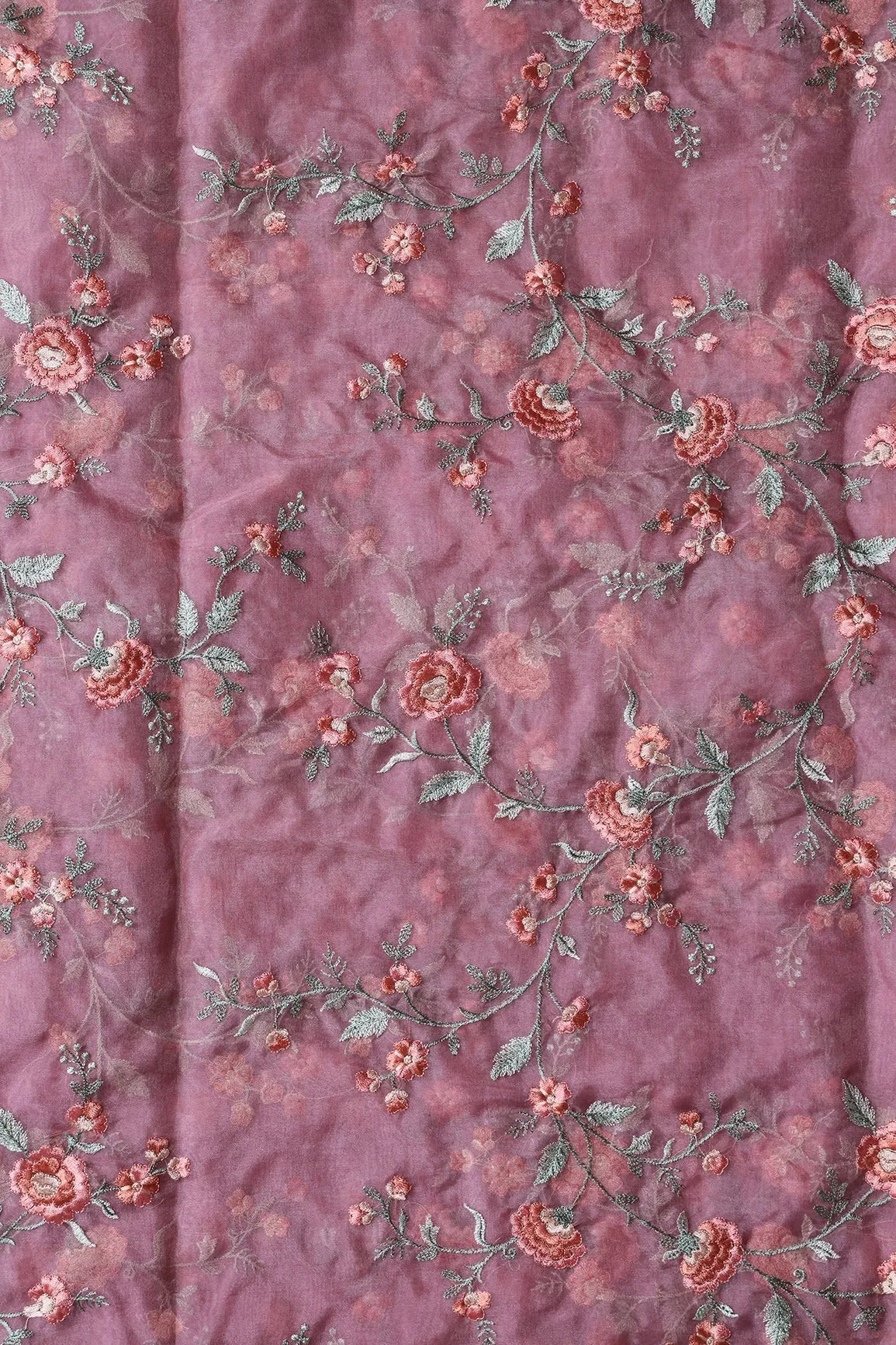 Brown And Light Green Thread Floral Embroidery Work On Onion Pink Organza Fabric