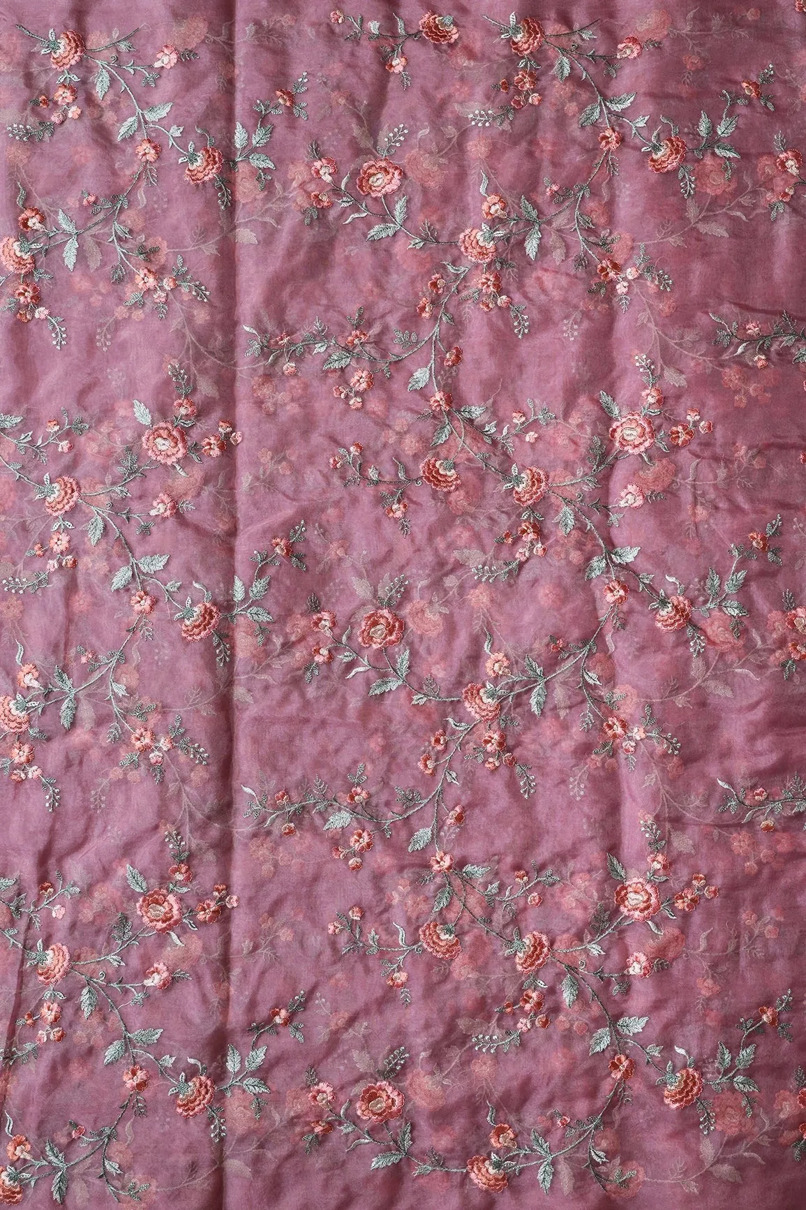 Brown And Light Green Thread Floral Embroidery Work On Onion Pink Organza Fabric