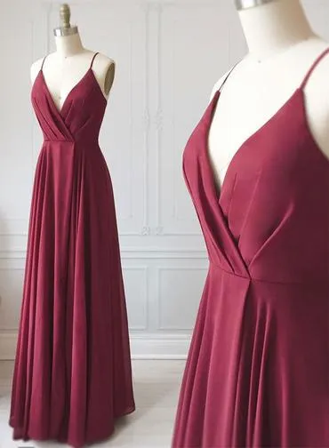 Burgundy bridesmaid dresses long 2020 cheap v neck chiffon elegant wedding party dresses