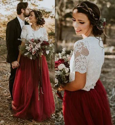 Burgundy bridesmaid dresses long lace a line tulle short sleeve country style wedding guest dress